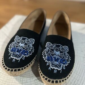 Kenzo Black Espadrilles with Blue and White Tiger Design